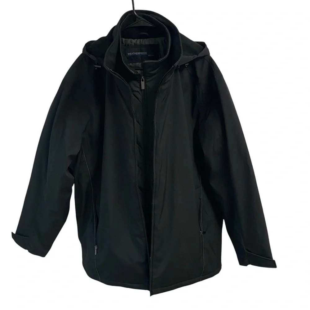 Weatherproof Mens Outerwear Black Quilted Lining Removable Hood Pockets XXL